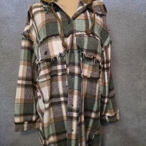 POL Green and Cream Plaid Utility Jacket